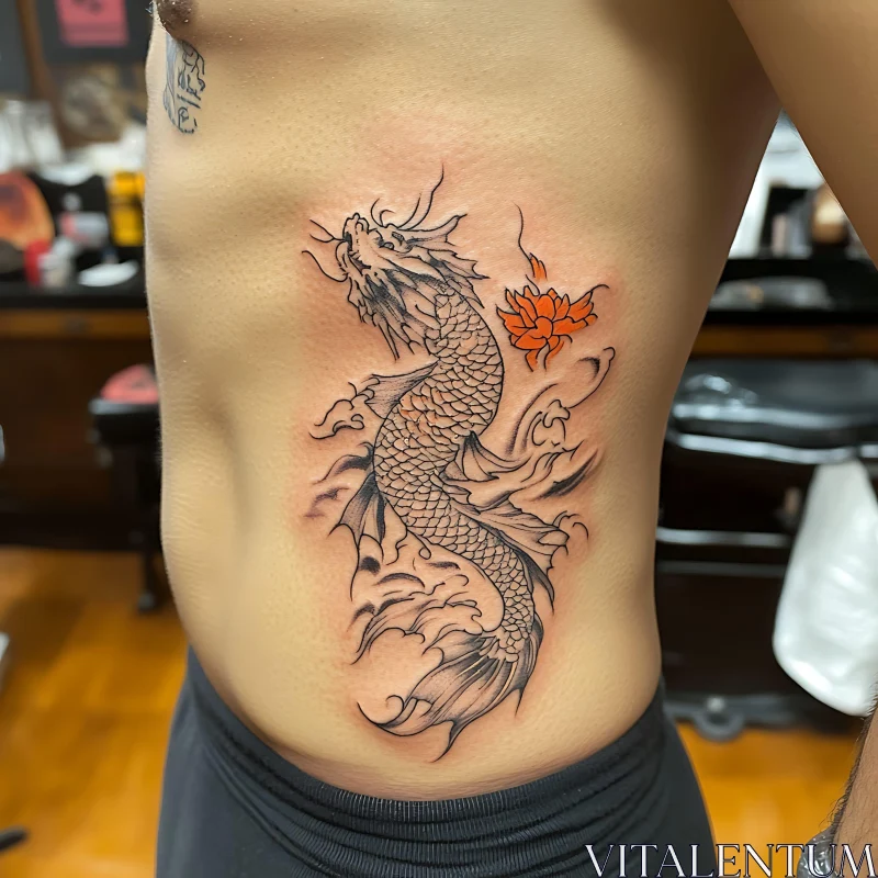 Detailed Dragon Tattoo with Lotus Flower on Side Torso AI Image