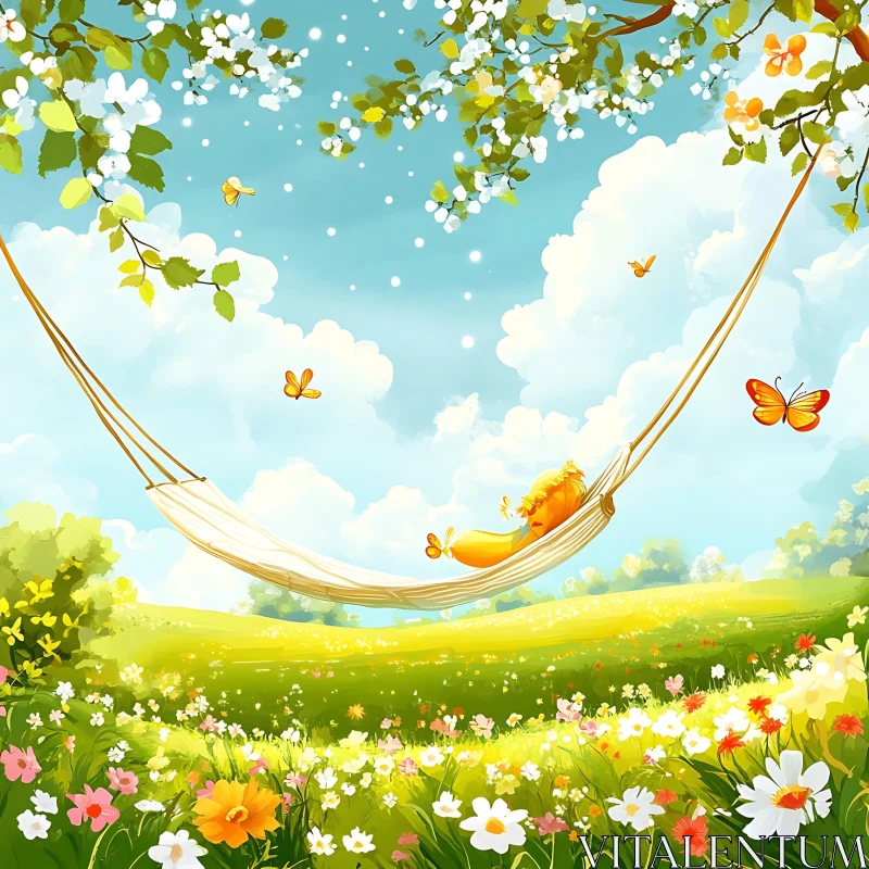 Relaxing in a Hammock Among Flowers AI Image