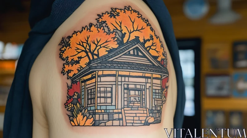 Autumn Scene Tattoo of a Wooden House AI Image