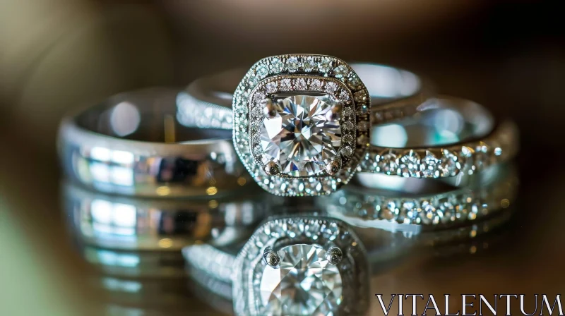 Elegant Wedding Rings with Central Diamond and Halo | Reflective Surface AI Image
