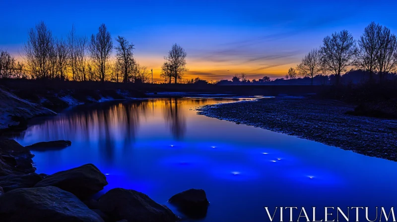 Peaceful Twilight Scene Over Still Waters and Silhouetted Trees AI Image