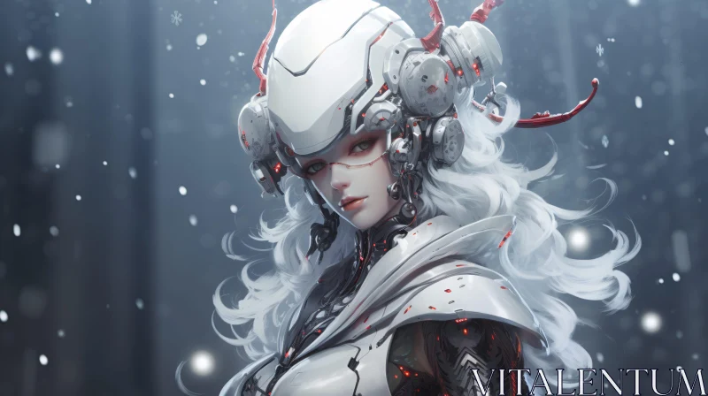 High-Tech Female Cyborg Amidst Snow AI Image