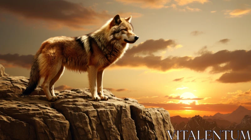 Majestic Wolf on Rock at Sunset - Realistic Rendering AI Image