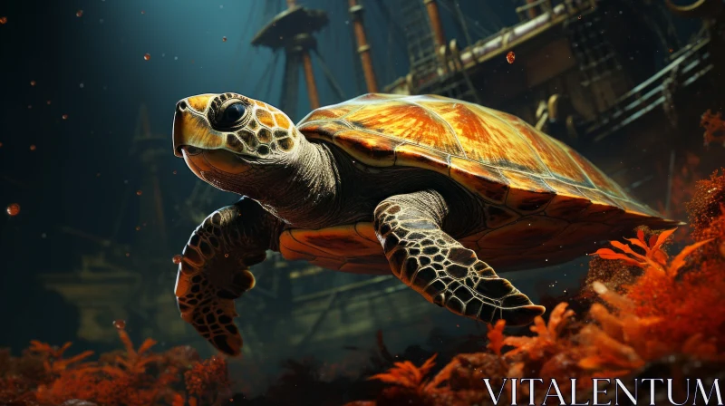 Underwater Adventure: Turtle and Ship Illustration AI Image