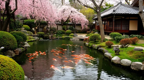 Zen Garden with Fish and Pink Flowers