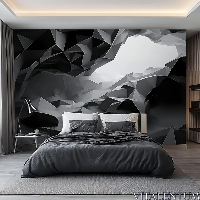 AI ART Monochrome Bedroom Interior with Abstract Wall Art