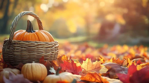 Basket of Pumpkins in Fall Foliage