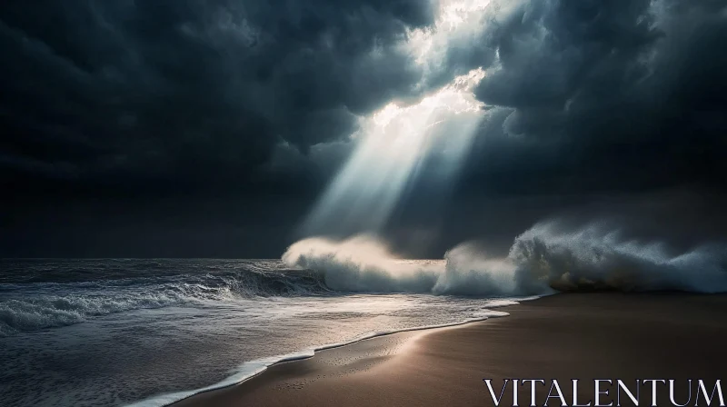 AI ART Stormy Beach with Piercing Sunlight