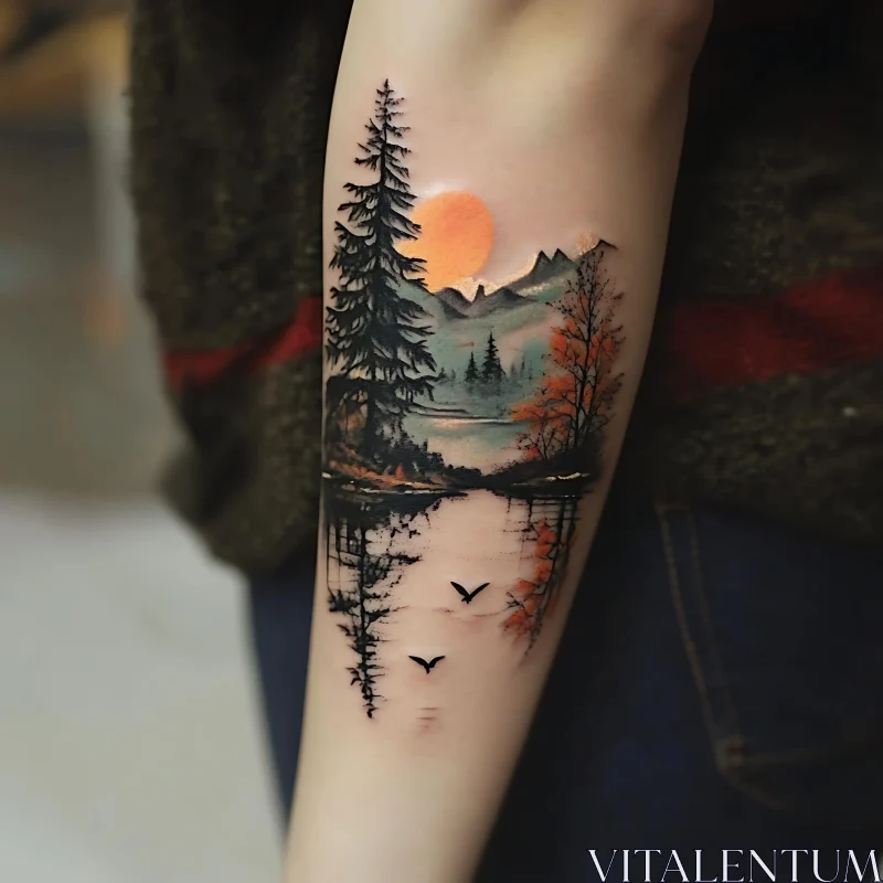 Detailed Nature Tattoo with Sunset Scene AI Image