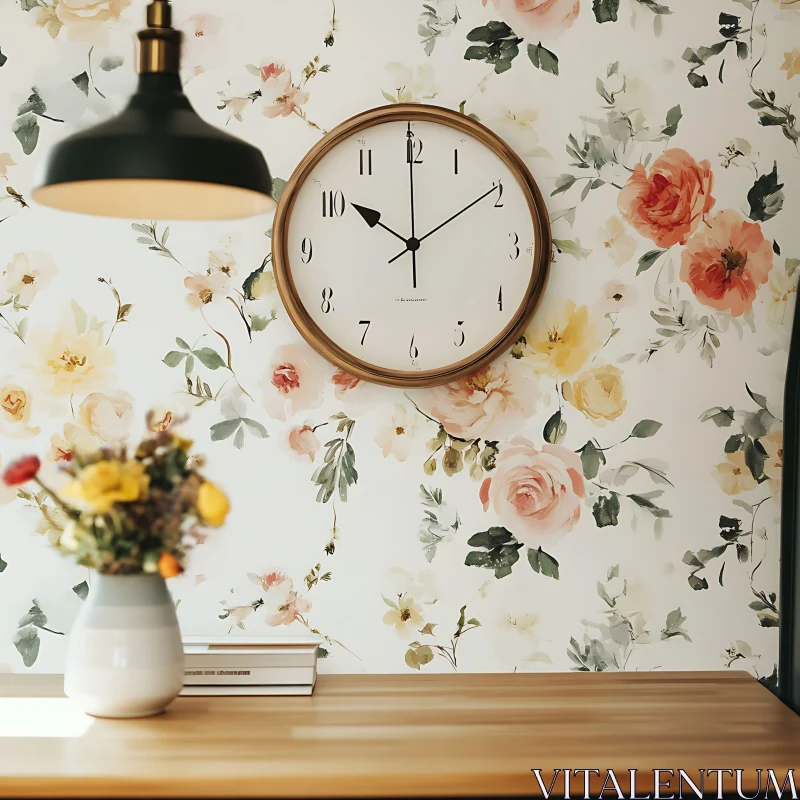 AI ART Floral Wallpaper and Clock Interior