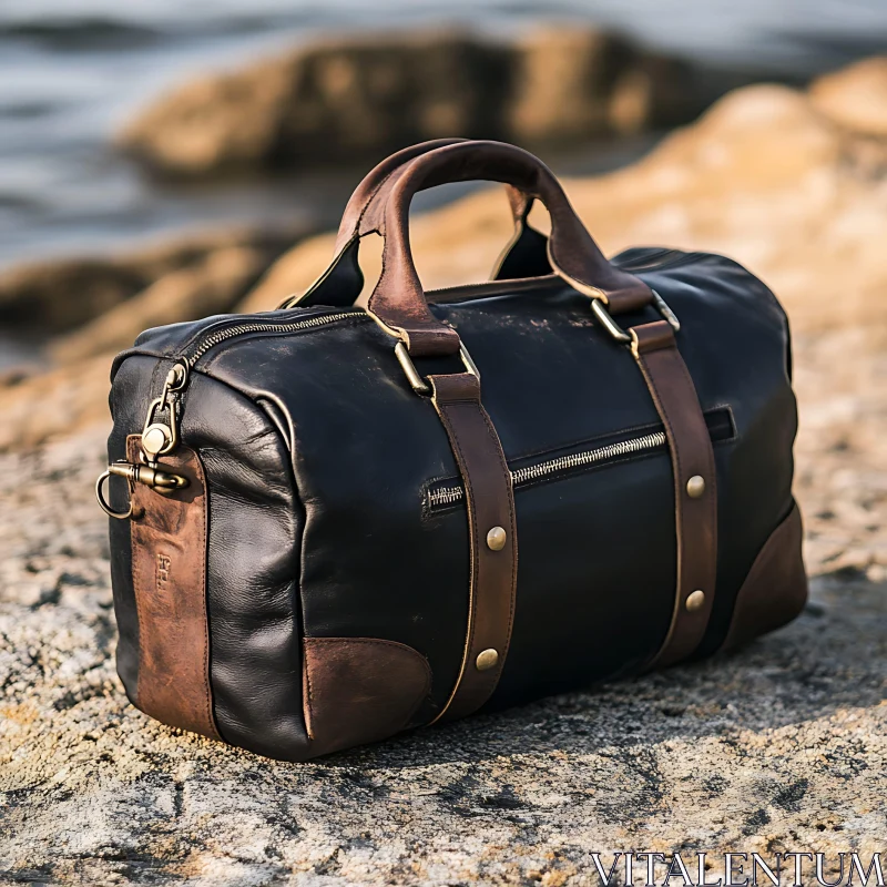 AI ART Vintage Leather Travel Bag by the Sea