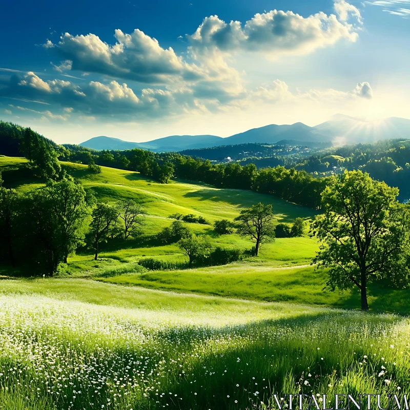 AI ART Sunlit Meadow and Distant Mountains