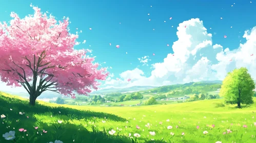 Pink Blossom Tree in Green Field