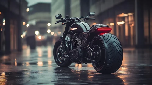 Black Motorcycle on Rainy City Road