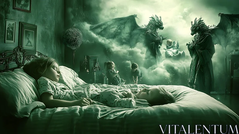 AI ART Dream Guardians: Children's Slumber with Dragons