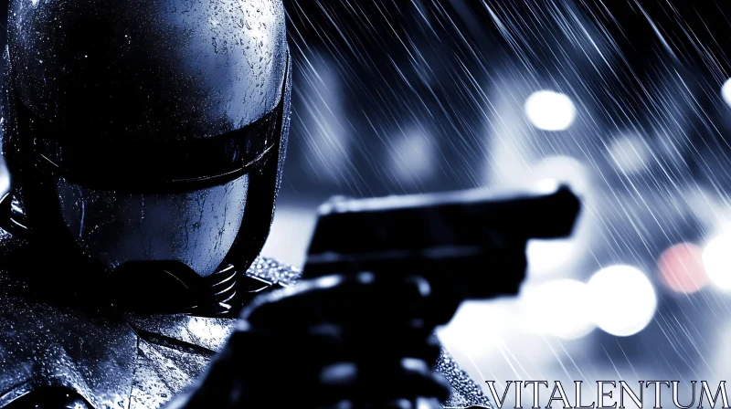 Night-Time Cyborg with Gun in Rain AI Image