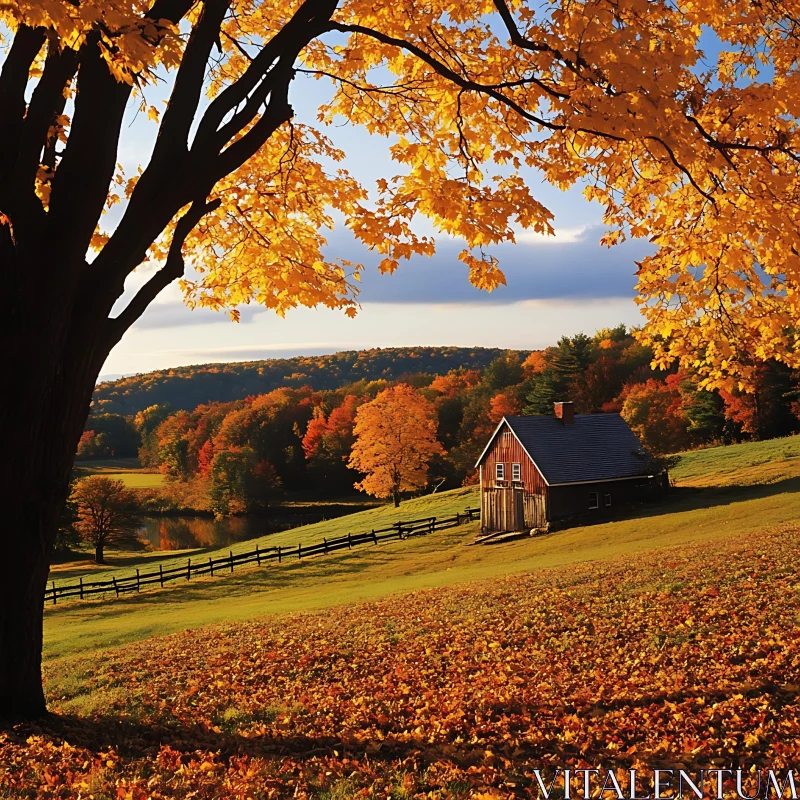 AI ART Colorful Autumn Scenery with Rustic Cabin