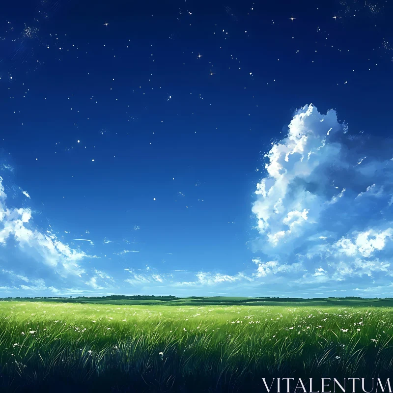 AI ART Green Field and Starry Night Illustration