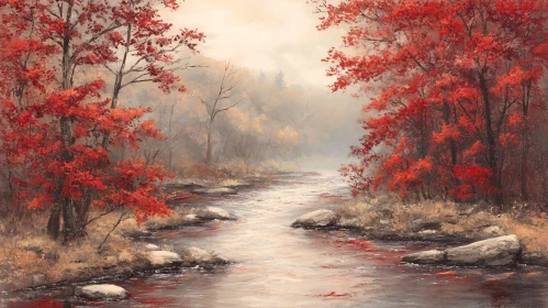 Serene Autumn Forest with Red Leaves and Misty River