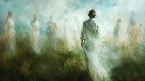 Dreamlike Figures in a Misty Landscape