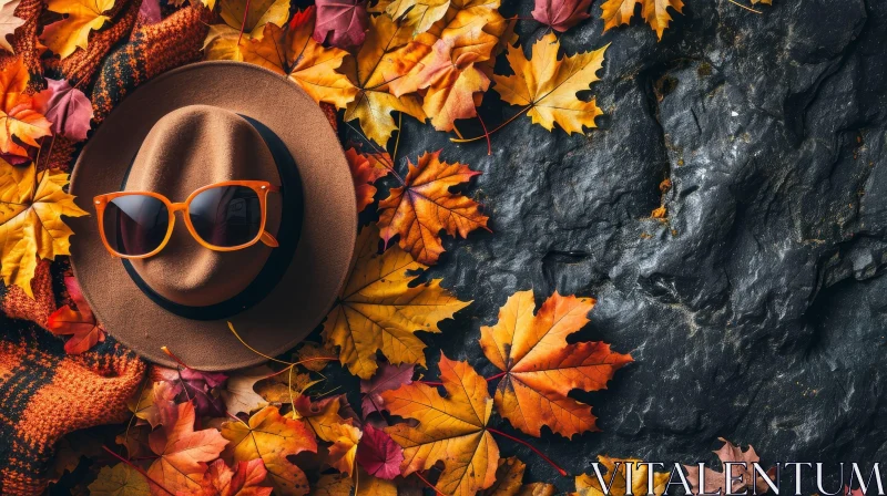 Autumn Vibes: Brown Hat and Sunglasses on Patterned Scarf with Colorful Autumn Leaves AI Image