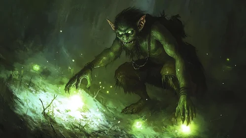 Green Troll and Magic Orbs Illustration