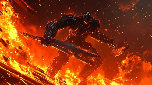 Armored Warrior in Blazing Landscape