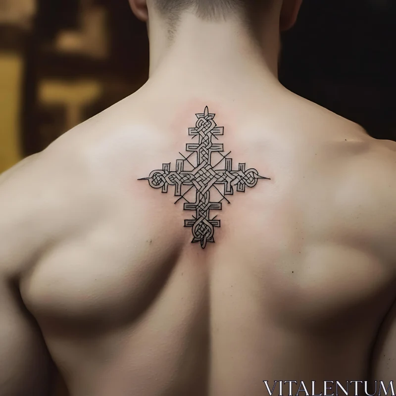 Ornate Cross Tattoo on Upper Back AI Image