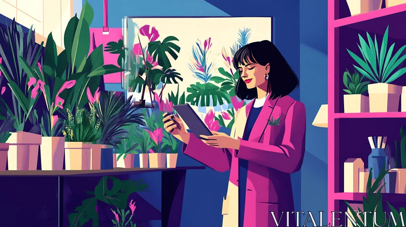 Woman Surrounded by Plants Holding Tablet AI Image