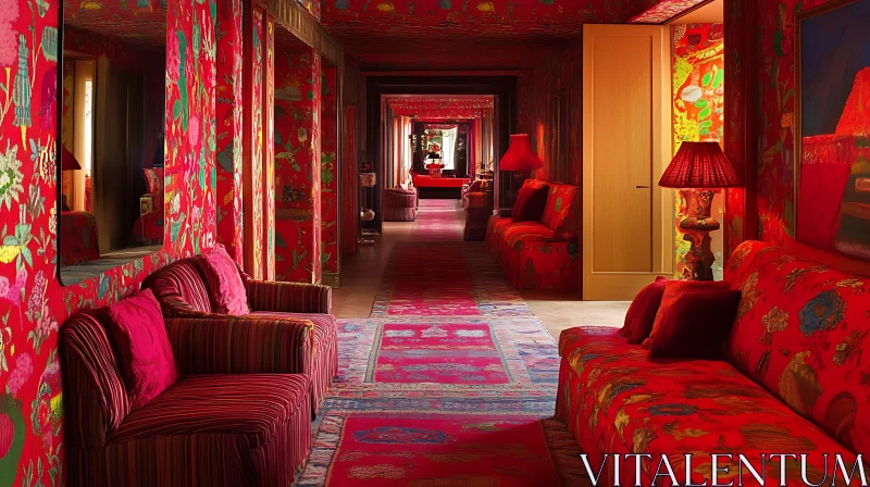 AI ART Red Hallway with Floral Pattern Sofas