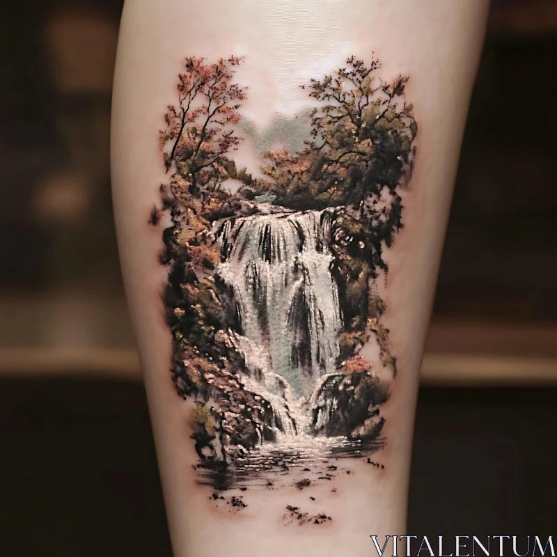 Serene Waterfall Tattoo on Leg AI Image