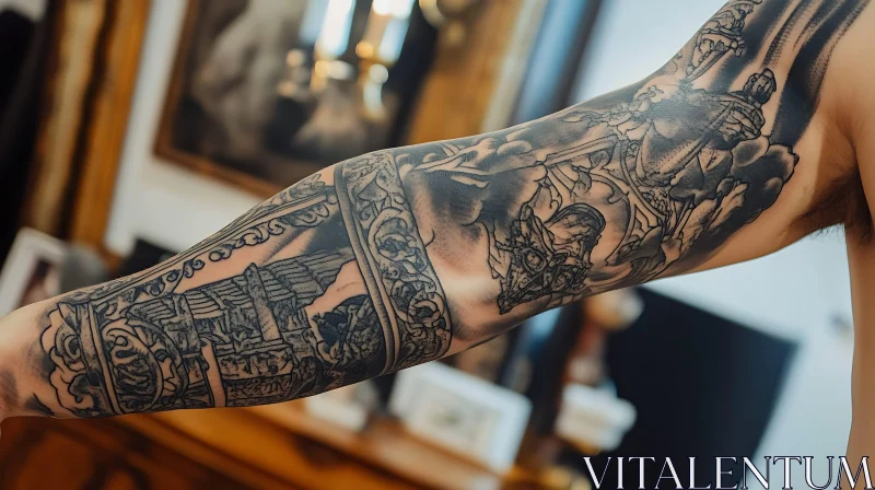 Detailed Blackwork Tattoo Sleeve on Arm AI Image