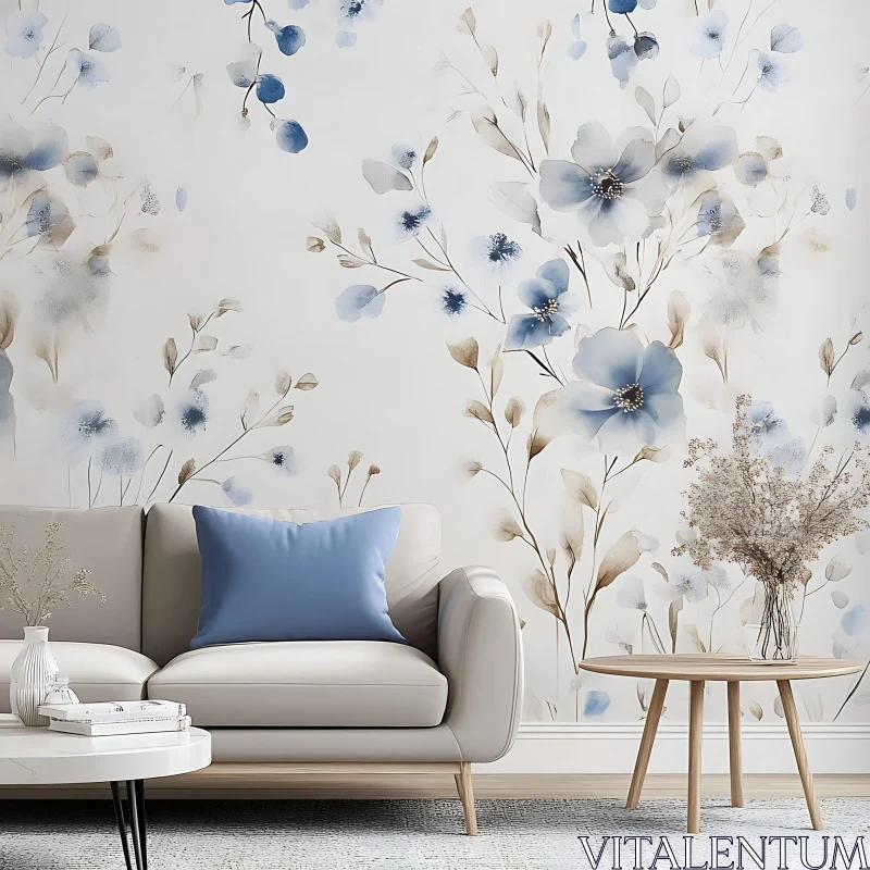 AI ART Blue Floral Wallpaper in Modern Living Room