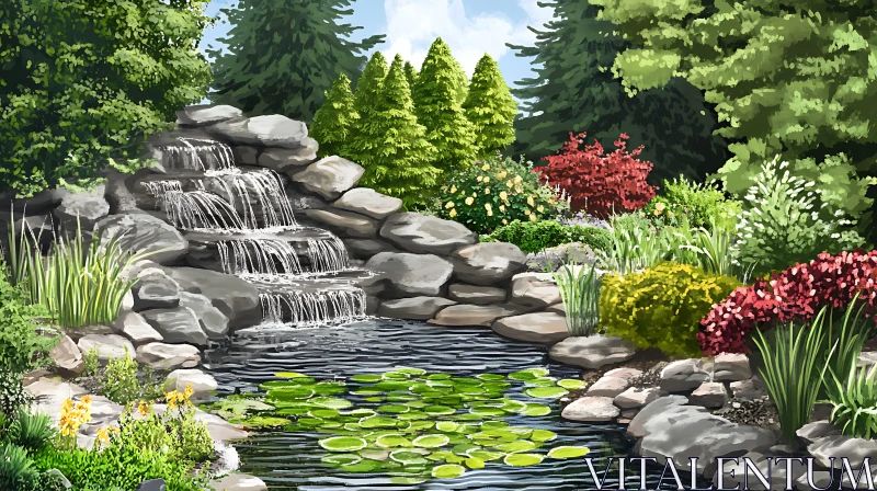 Serene Waterfall and Lily Pads Oasis AI Image