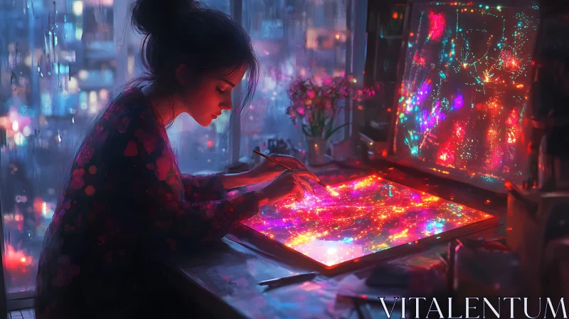 Neon Art Creation by Woman in Rainy City AI Image