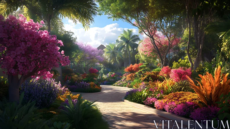 Floral Pathway in a Tropical Garden AI Image