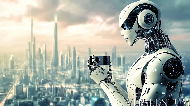 Humanoid Robot in a Technological Cityscape AI Image