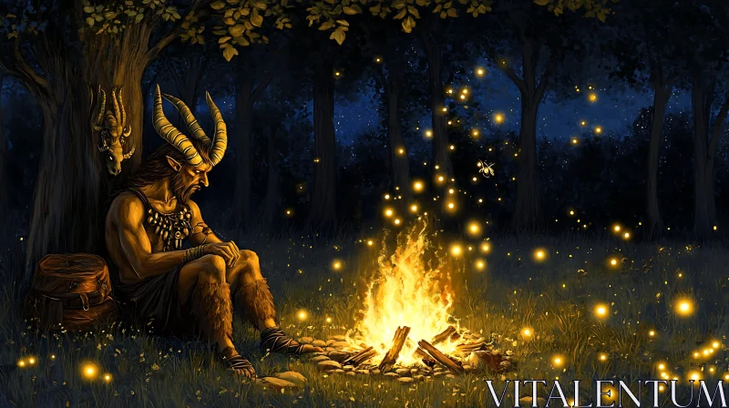 AI ART Forest Faun Contemplation by Fire