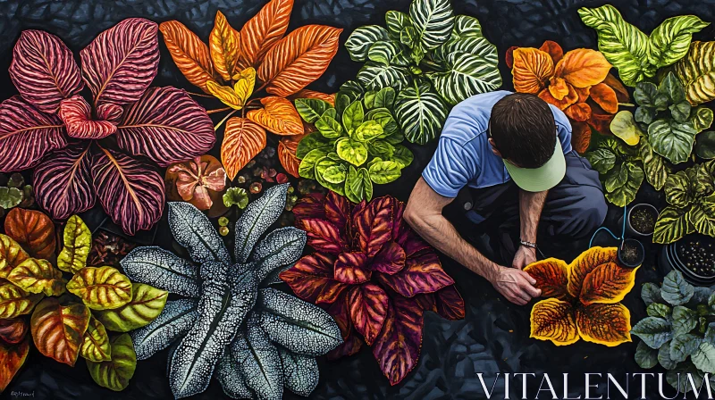 Man tending to colorful potted plants AI Image