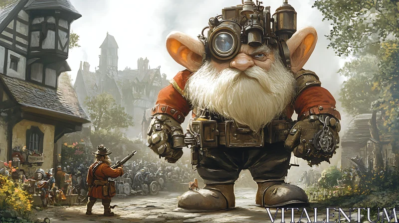 Colossal Steampunk Dwarf Overlooking Village AI Image