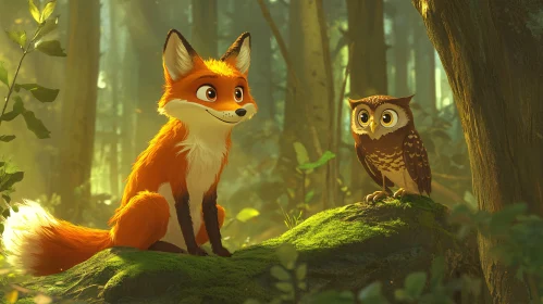 A Fox and Owl in a Forest Glade