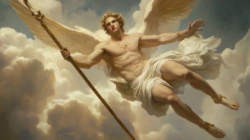 Celestial Descent: Angel with Golden Spear