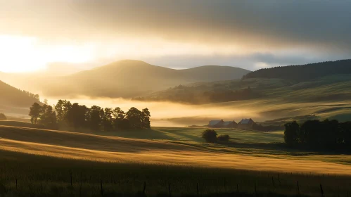 Ethereal Sunrise Landscape with Foggy Hills