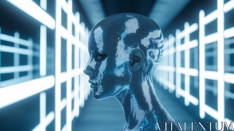 Advanced Technology Cyborg in Blue Corridor AI Image