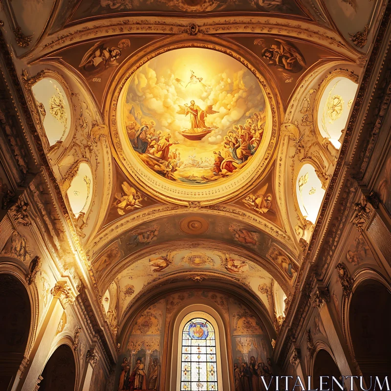 View of Church Interior with Painted Ceiling AI Image