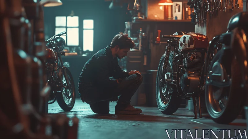 AI ART Pensive Mechanic with Vintage Bikes