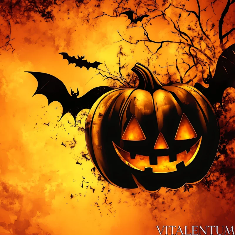 AI ART Halloween Night Pumpkin and Bats