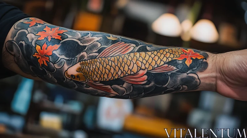 AI ART Intricate Japanese Koi Fish Arm Tattoo with Red Maple Leaves