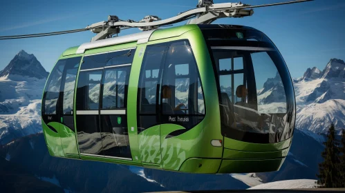 Green and Brown Gondola Carrying People to Ski Hill Summit in Photorealist Style