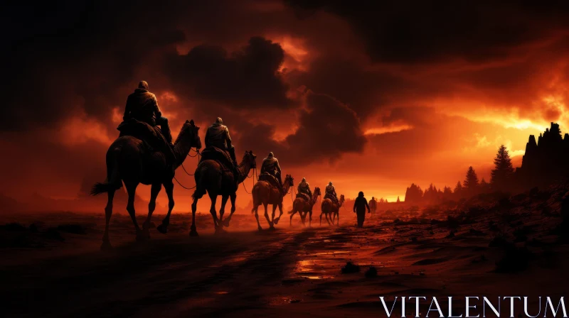 Historical Sunset Scene with Horses in Desert AI Image